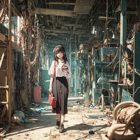 girl captured by tentacles in abandoned factory　tentacles in a skirt　pants fabric texture