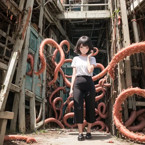 girl captured by tentacles in abandoned factory　tentacles in a skirt　pants fabric texture