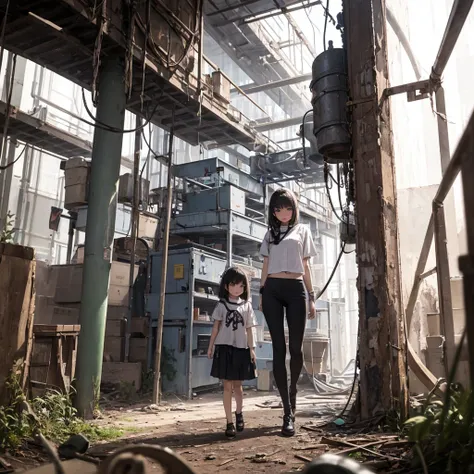 girl captured by tentacles in abandoned factory　tentacles in a skirt　pants fabric texture