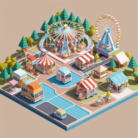 lovely amusement park，ferris wheel，ice cream truck，camping and tents，isometric art, 3d isometric, isometric pixel art，simple bac...