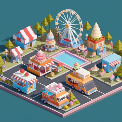 lovely amusement park，ferris wheel，ice cream truck，camping and tents，isometric art, 3d isometric, isometric pixel art，simple bac...