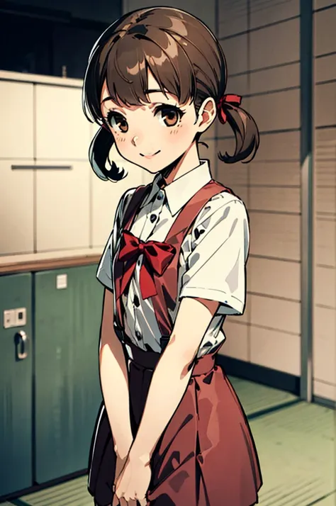 solo, smile, nanako doujima, short twintails, brown eyes, eva school unifrom, 1girl, solo, tokyo-3 middle ,  shirt, short sleeve...