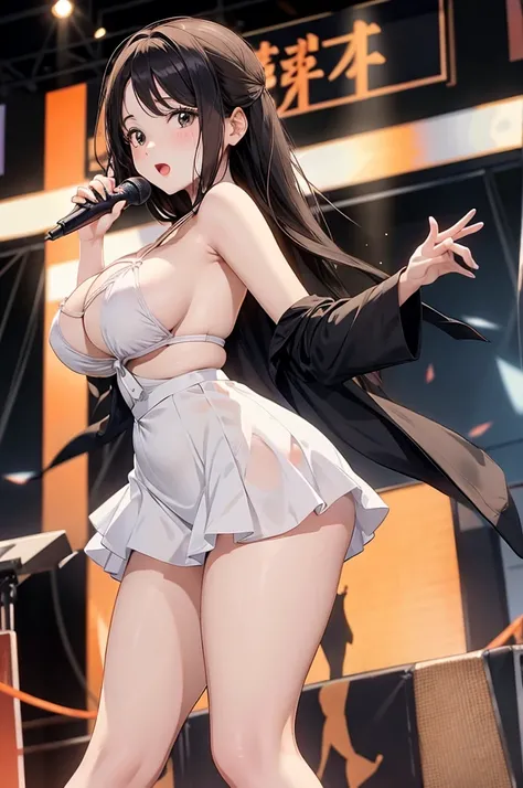 My Favorite 、Hoshino Ai、Big eyes、Sparkling eyes、Sing and dance、Short mini skirt、White, fine skin、Thick legs、Big Ass、Narrow waist、Ample breasts、Big Breasts、Fancy orange lingerie、Breasts overflowing from the bra、Standing on stage in front of a large audience...