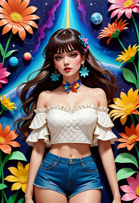 Featuring a dynamic and confident woman，She wears bold makeup，Wear colorful T-shirts, Bare shoulders, Ruffled sleeves, neck ribbon，Jewelry Earrings, Long hair, Looking at the audience, Bangs, Low rise denim shorts, Surrounded by vintage flower motifs, Vibr...