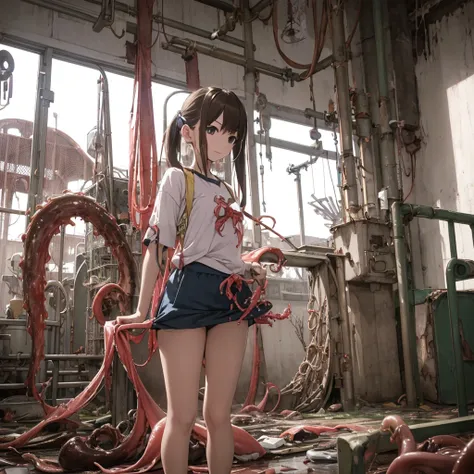 girl captured by tentacles in abandoned factory　tentacles in a skirt　pants fabric texture