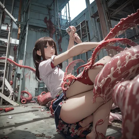 girl captured by tentacles in abandoned factory　tentacles in a skirt　pants fabric texture