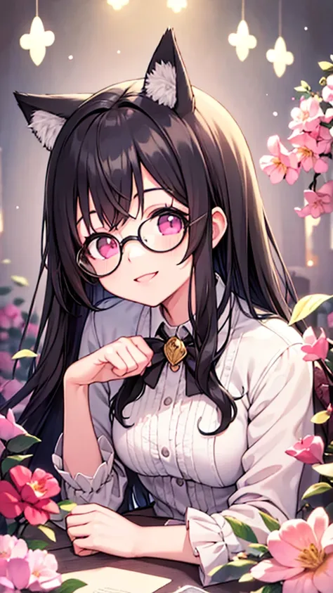 masterpiece, highest quality,black hair,pink eyes,long hair,straight hair,glasses,smile,wolf ears,whole body,cute pose