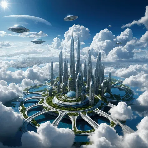 Futuristic city with clouds in the sky, Floating city in the sky, Floating city on clouds, Floating Land in the Clouds, 在幻想Sci-fi city, Future Utopian City, Floating city, Sci-fi city, Huge futuristic temple city, Future utopian metropolis, Future Utopian ...