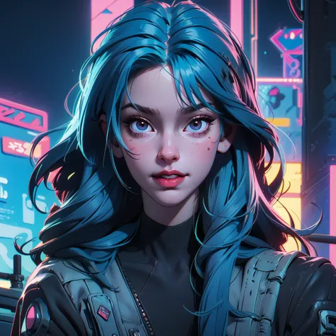 there is a woman with blue hair and a jacket, hyper-realistic cyberpunk style, realistic art style, retrato ciberpunk, 🤤 portrai...