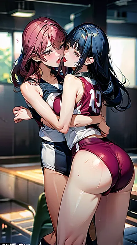 kiss,embrace each other,sexy pose,sports uniforms,lily,woman,basketball player,group shot,sweat:1.5,bent at the waist,protruding...