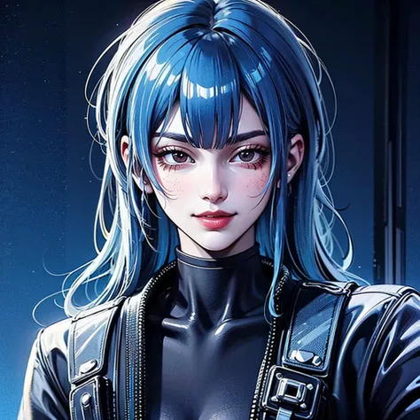 there is a woman with blue hair and a jacket, hyper-realistic cyberpunk style, realistic art style, retrato ciberpunk, 🤤 portrai...