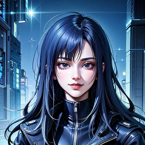 there is a woman with blue hair and a jacket, hyper-realistic cyberpunk style, realistic art style, retrato ciberpunk, 🤤 portrai...