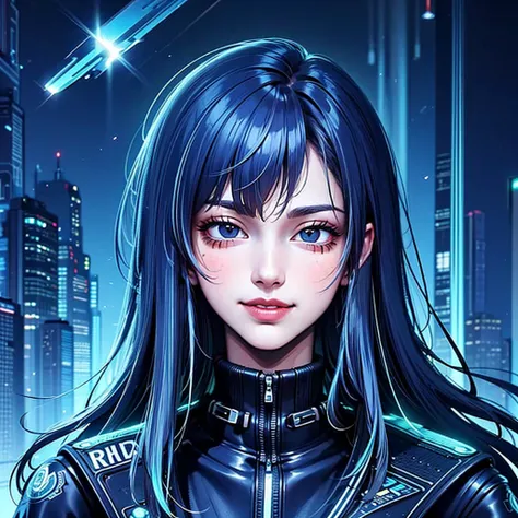 there is a woman with blue hair and a jacket, hyper-realistic cyberpunk style, realistic art style, retrato ciberpunk, 🤤 portrai...