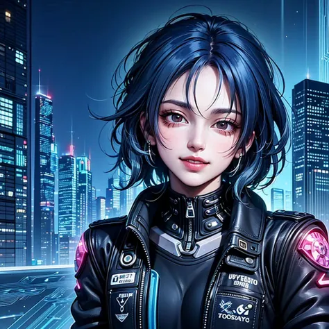 there is a woman with blue hair and a jacket, hyper-realistic cyberpunk style, realistic art style, retrato ciberpunk, 🤤 portrai...