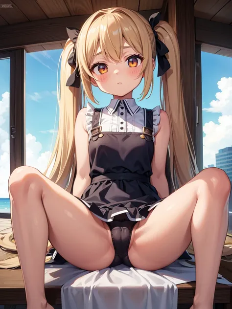 masterpiece, best quality, ultra detailed,1 girl , long hair, twin tails, tanned gal, sitting, spread legs, camel toe, panties,