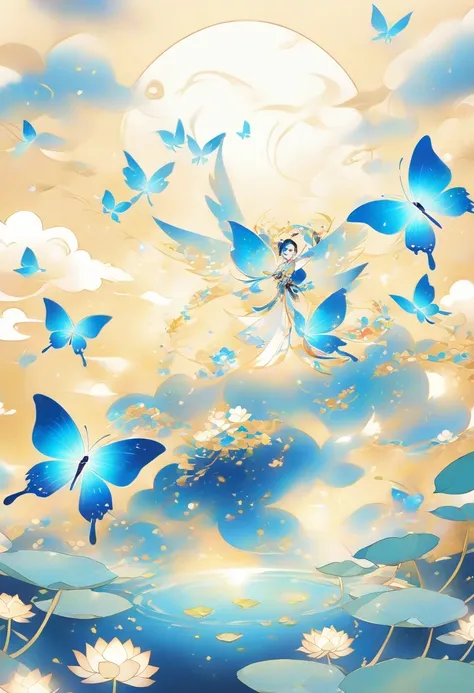 dunhuang art style illustration,many golden blue butterflies surrounded by auspicious clouds，transparent diamond wings,magnifice...