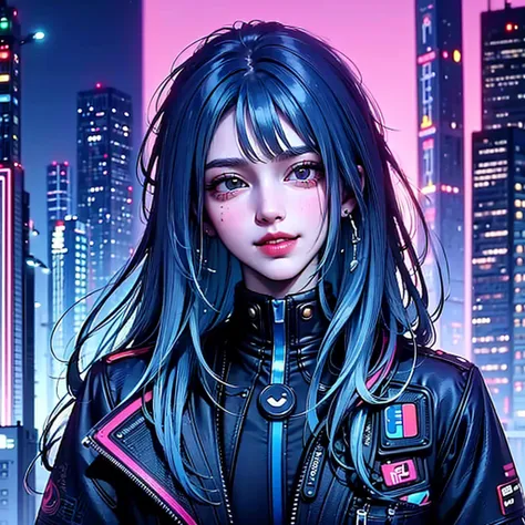 there is a woman with blue hair and a jacket, hyper-realistic cyberpunk style, realistic art style, retrato ciberpunk, 🤤 portrai...