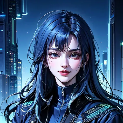 there is a woman with blue hair and a jacket, hyper-realistic cyberpunk style, realistic art style, retrato ciberpunk, 🤤 portrai...