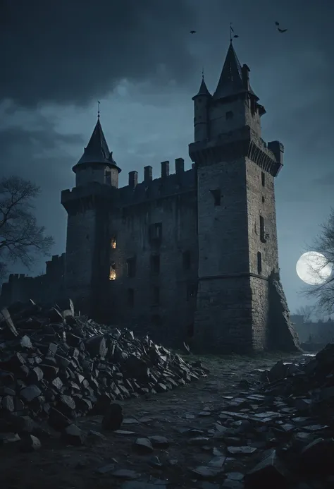 a medieval castle in the moonlight, dilapidated:1.6, dark and gloomy atmosphere, crows swarming, scattered rubble:1.2, cinematic, moody lighting, dramatic, dark color palette, high quality, photorealistic, 8k, masterpiece