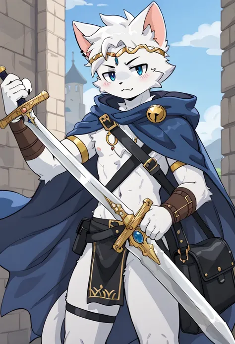 furry、cat boy、brave、blue cape、holding a sword、silver circlet、leather bag