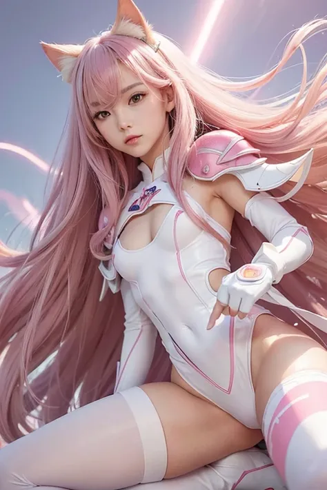 Masterpiece, best quality, Highly detailed face, highly detailed background, perfect light, Japanese, very long hair, pink hair, tight outfits, tight armor. White dress with pink pattern, cyber suit, lightning all around, white stockings, pink shoes, cat e...