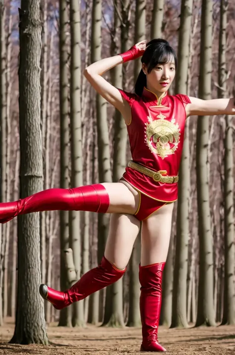 one person is wearing a chinese red tights with the chinese national emblem printed on the chest, a chinese red cloak, red long ...