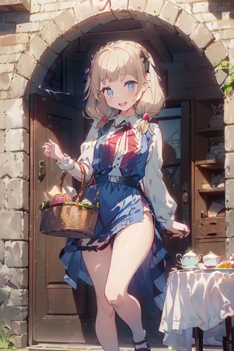 (perky chest:1.2), (pointed chest:1.2),(((Black Tunic:1.3))),(((cakes and bread in the basket),Cute and beautiful girl,Cute round face,Cute smile,with blush cheeks,Red Lip,a girl 22 years old, nsfw:1.2, beautiful body:1.3), shinny skin, BREAK, ((alice in t...