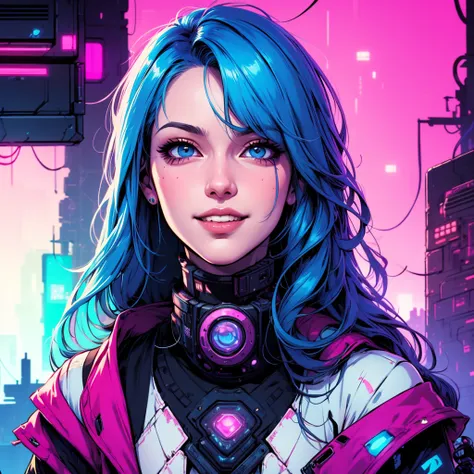 there is a woman with blue hair and a jacket, hyper-realistic cyberpunk style, realistic art style, retrato ciberpunk, 🤤 portrai...