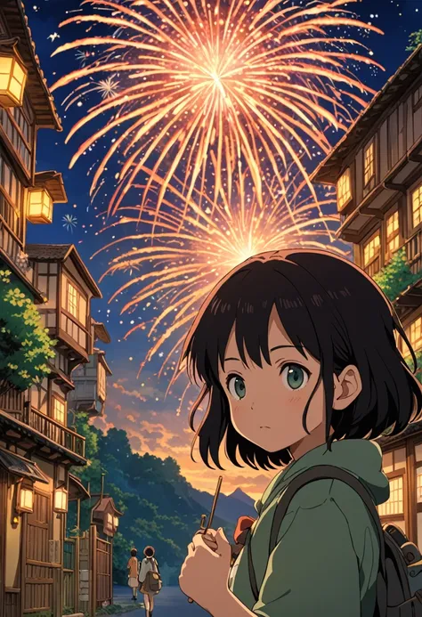 Studio Ghibli-style anime movies, Movie stills, Highest quality, masterpiece, Representative works, Official Art, Professional, Super intricate details, 8k, firework