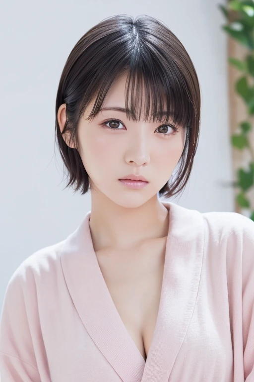 beautiful japanese women、age 25、pink bathrobe, (raw photos, highest quality), (reality, realistic:1.4), clean look、ample breasts...