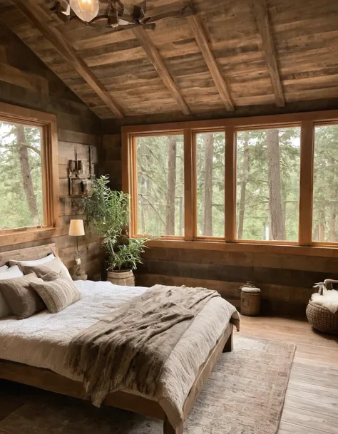 arafed bedroom with a bed, dresser, and a window, rustic setting, rustic and weathered, wood furnishings, cozy and calm, modern ...