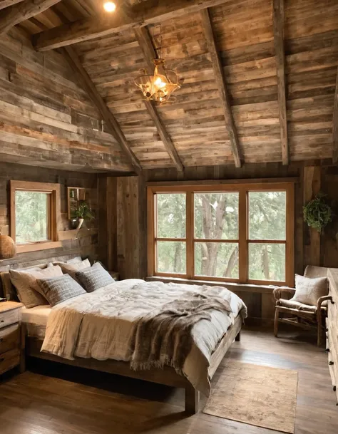 arafed bedroom with a bed, dresser, and a window, rustic setting, rustic and weathered, wood furnishings, cozy and calm, modern ...