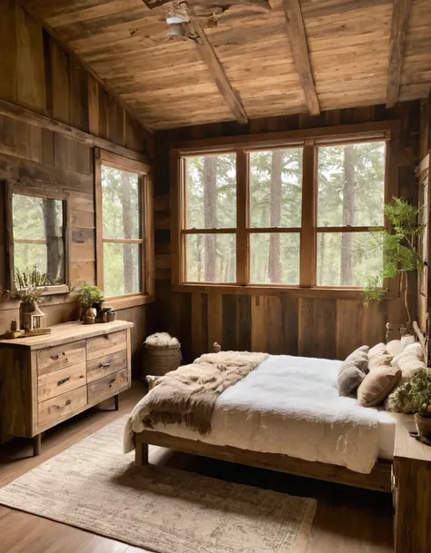 arafed bedroom with a bed, dresser, and a window, rustic setting, rustic and weathered, wood furnishings, cozy and calm, modern ...