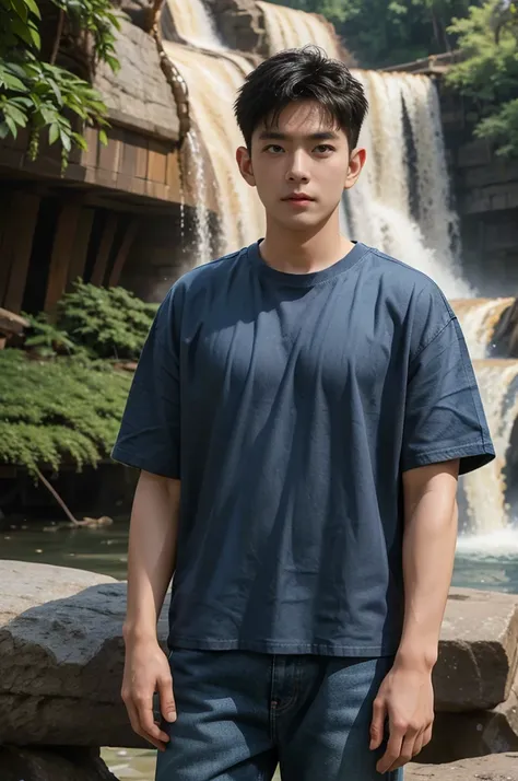 ((realistic daylight)) , young korean man in only a black t-shirt, no pattern. (denim coat)  jeans, a handsome, muscular young a...