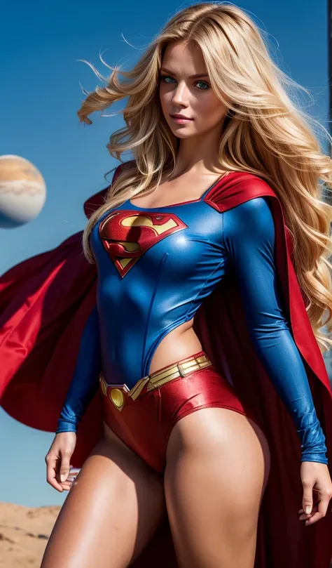 the female version of the character superman, perfect costume, long red cape, smooth curves, extremely beautiful blue eyes, perf...