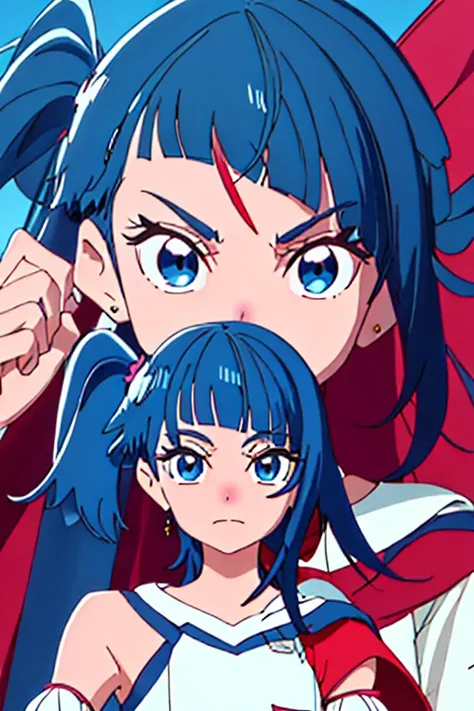 Cartoon characters in a split image on a blue background, Gap Moe Yandere Grimdark, Anime Moe Art Style, From desire, The charming Ryuko Matoi, ryuko matoi, Devil Anime Girl, Favorite character, anime style like fate/Stay Night, Blue and Red, UFOTABLE art ...