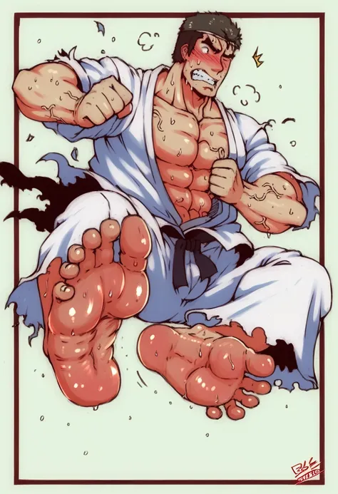 Ultra detailed, Highres, HDR,(((full body))),blush,bulge,muscular,masculine,masterpiece,muscle, Well-built physique,long legs,((Foot sweat)),((sweat foot soles )),((a mature male)),((Flying Kick)),((Jump kick)),((five toes)),((feet bulging veins)),fighter,...