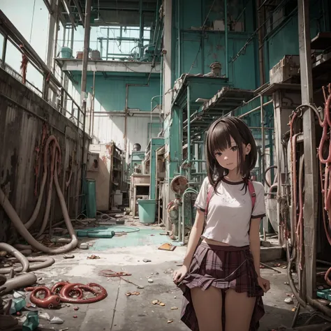 girl captured by tentacles in abandoned factory、tentacles in a skirt、pants fabric texture、cry