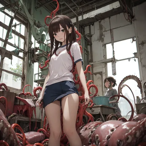 girl captured by tentacles in abandoned factory、tentacles in a skirt、pants fabric texture、cry