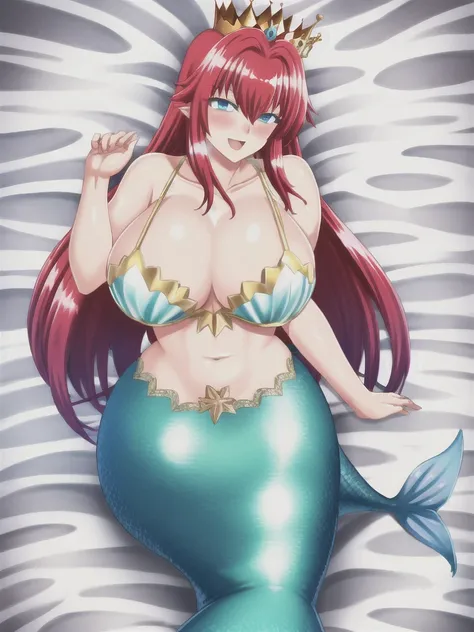 mermaid, mermaid tail below waistline, underwaters, pearl crown, red hair, long hair, blue eyes, bra, large breasts, cleavage, h...