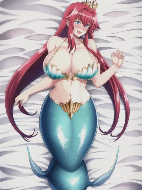 mermaid, mermaid tail below waistline, underwaters, pearl crown, red hair, long hair, blue eyes, bra, large breasts, cleavage, h...