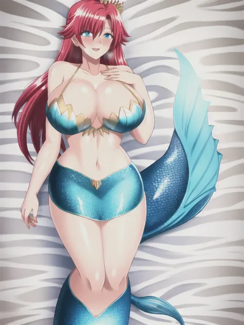 mermaid, solo, mermaid tail below waistline, underwaters, pearl crown, red hair, long hair, blue eyes, bra, large breasts, cleav...