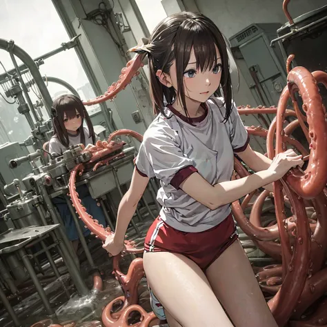 girl captured by tentacles in abandoned factory、tentacles in a skirt、pants fabric texture、watery eye、shout、get wet、reluctant、run...