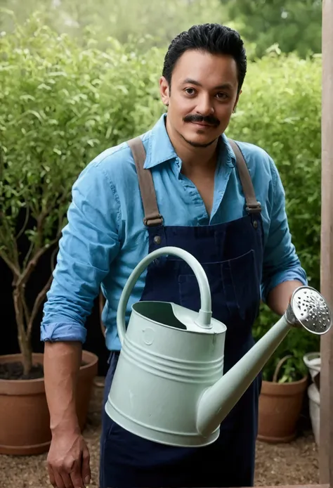 looking at viewer, 1 chico, portrait, watering can