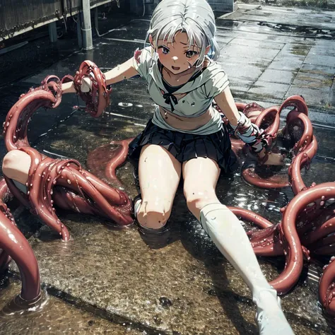 girl captured by tentacles in abandoned factory、tentacles in a skirt、pants fabric texture、watery eye、shout、get wet、reluctant、run...