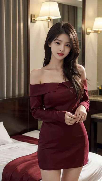 1 Girl,hotel,Soft Light,Chinese Beauty,Off-shoulder dress,,Dark-haired,long hair