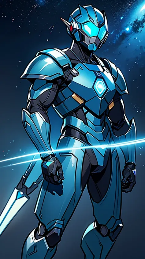 man in a blue suit, blue armor, neon armor, cyber fighting armor, water armor, cybernetic armor, shiny and elegant armor, shiny ...