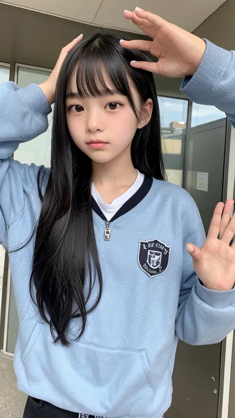 A 14-year-old middle school student with black hair、Barely、Hands raised up