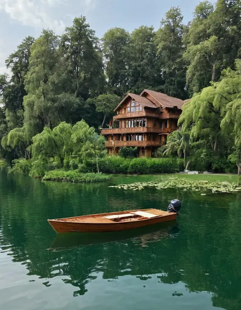 there is a boat that is floating in the water near a house, lake house, floating palace, on a boat on a lake, in the middle of a...