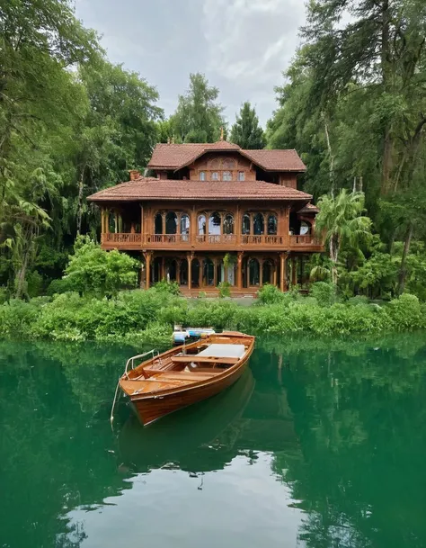 there is a boat that is floating in the water near a house, lake house, floating palace, on a boat on a lake, in the middle of a...